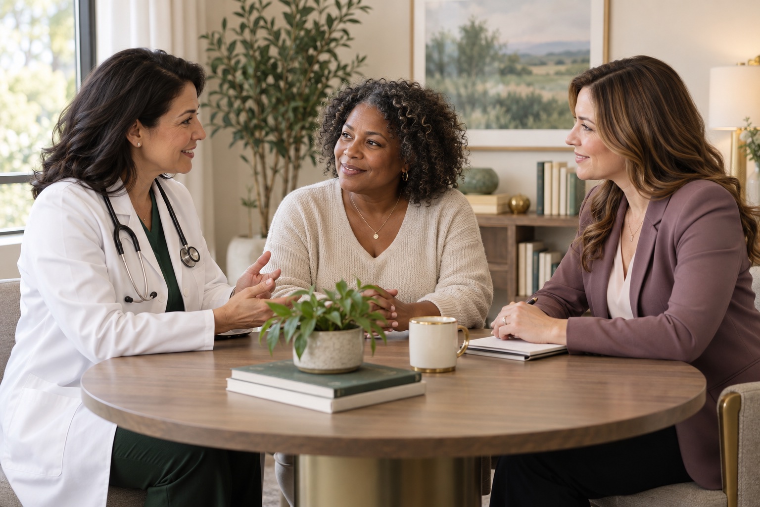 A client meeting with a medical doctor and wellness coach who are working collaboratively